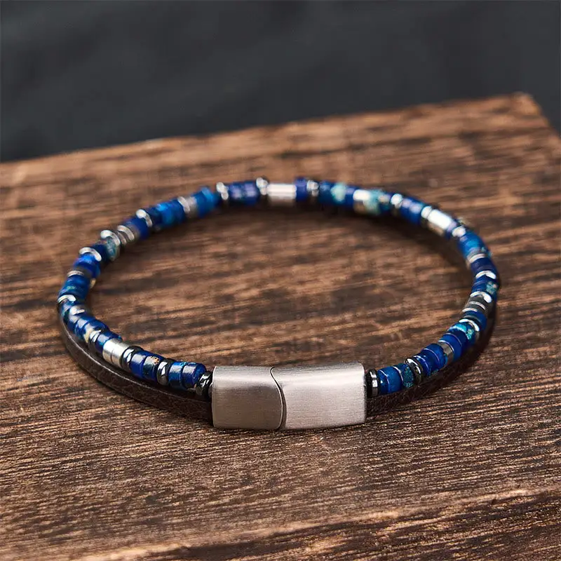 Lapis Lazuli Double Wrap Leather Bracelet