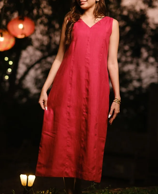 Rust Red Linen V-Neck Midi Dress