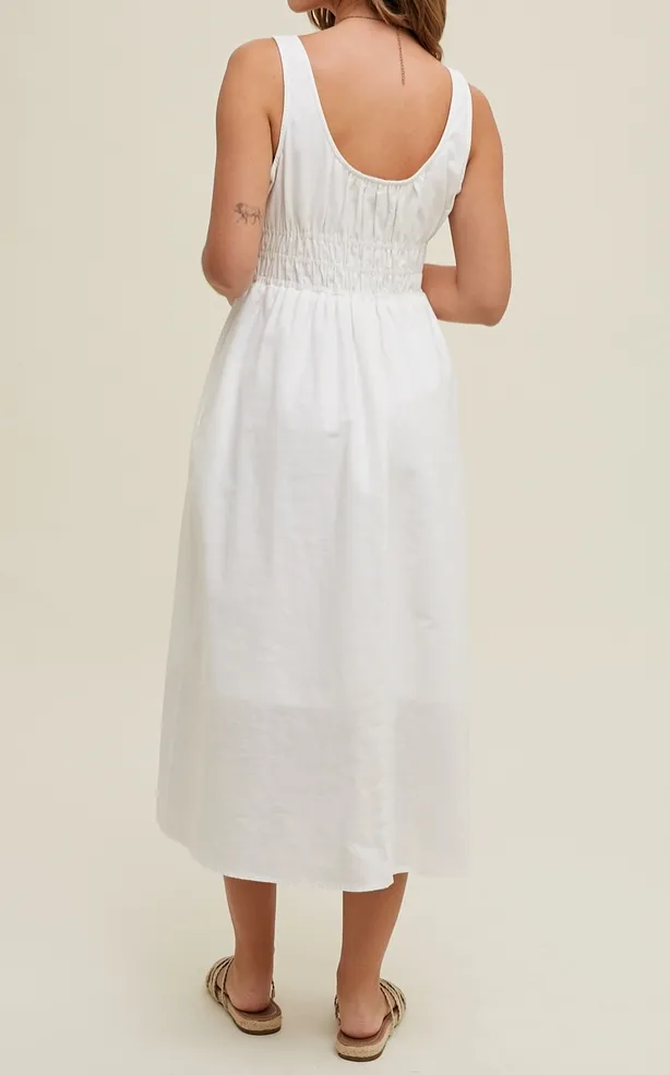 White Linen Smocked Midi Dress