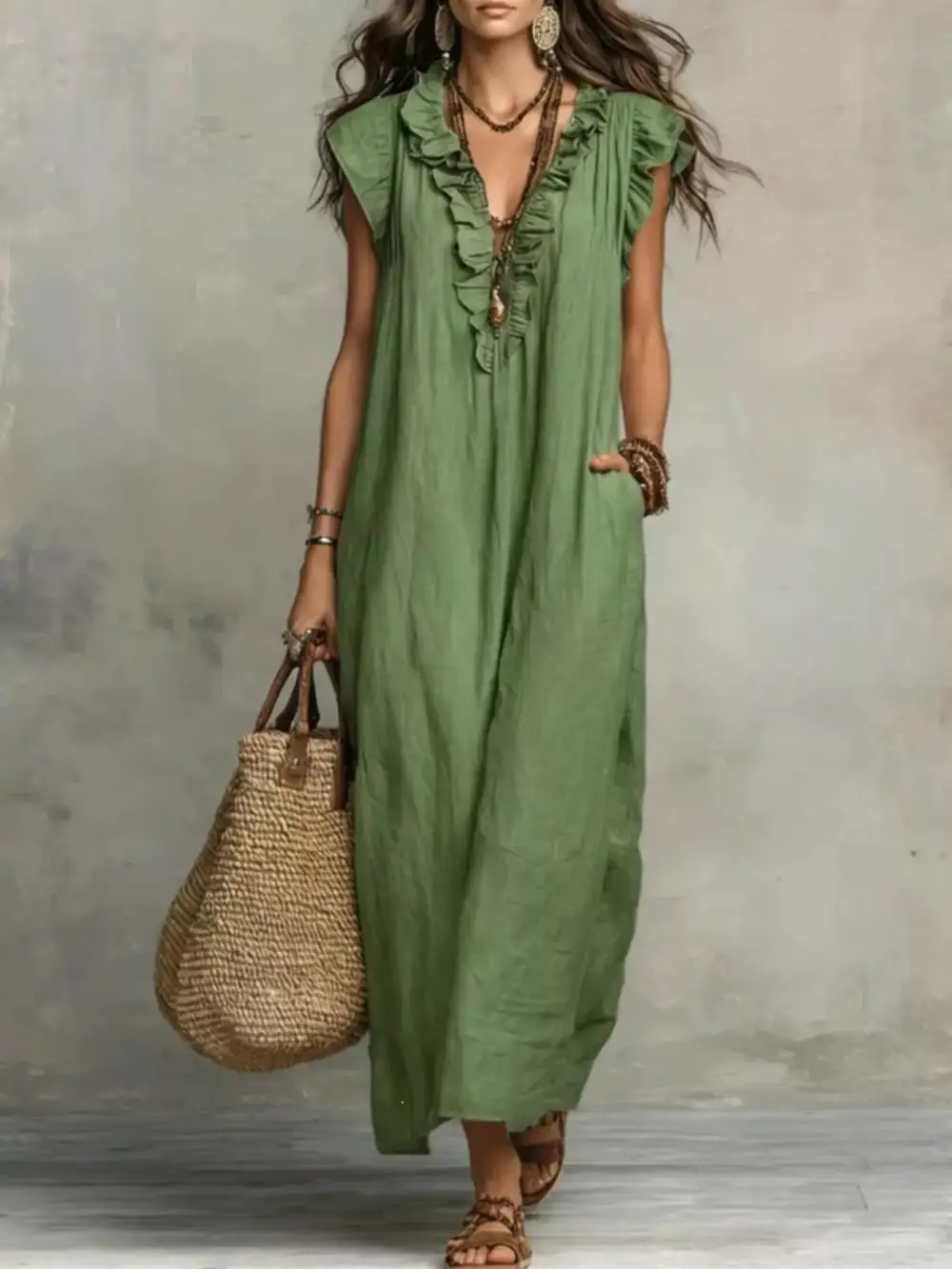 Ruffled V-Neck Maxi Dress