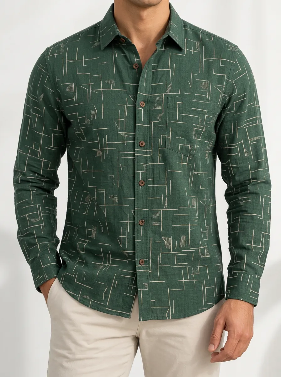 Men's Green Geometric Long Sleeve Casual Shirt