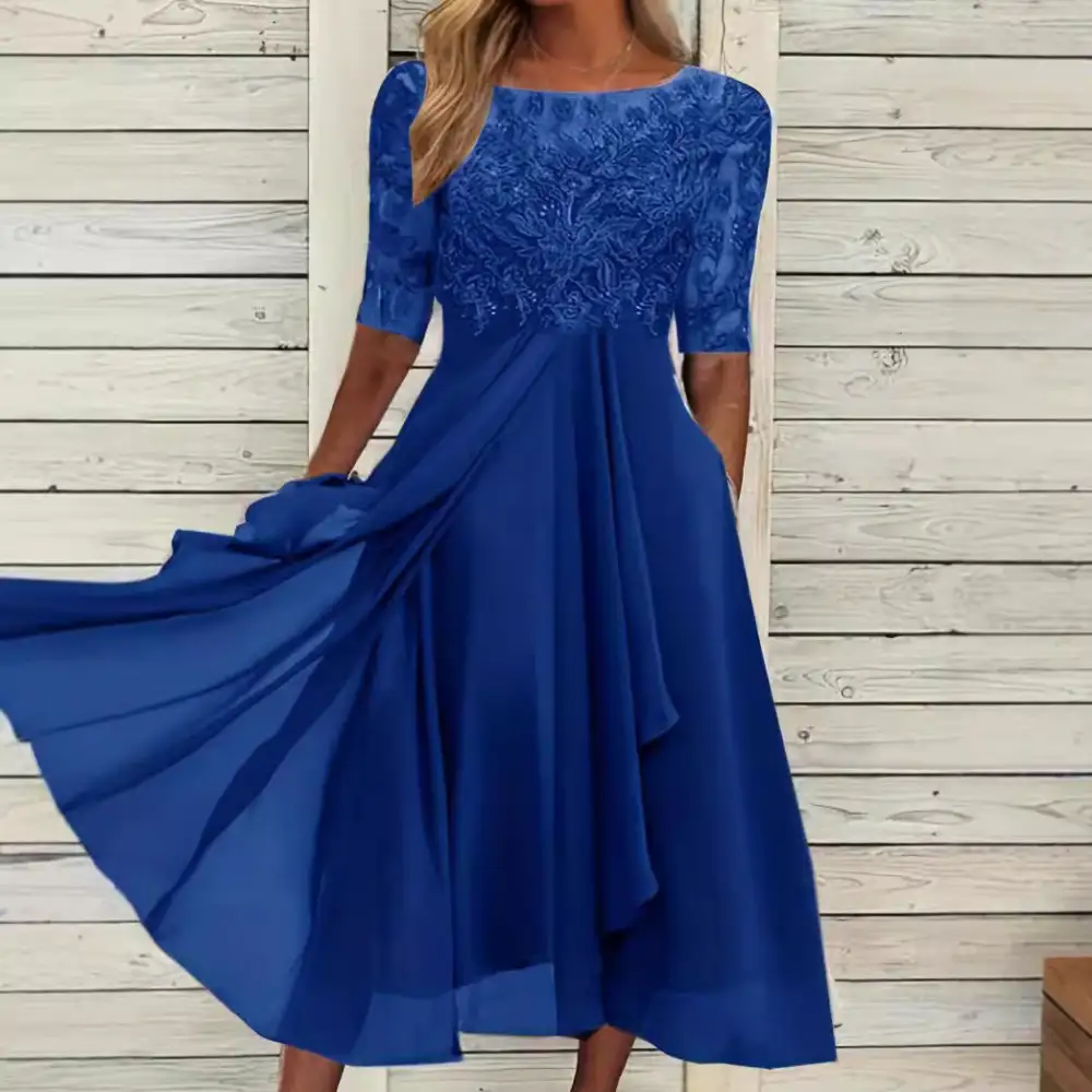 Women's A-Line Three-Quarter-Sleeve Lace Floral Midi Dress