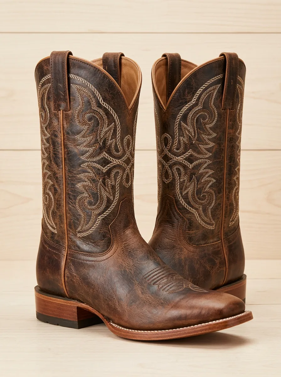 Unisex Frontier Heritage Embroidered Distressed Prairie Detail Western Cowboy Boots
