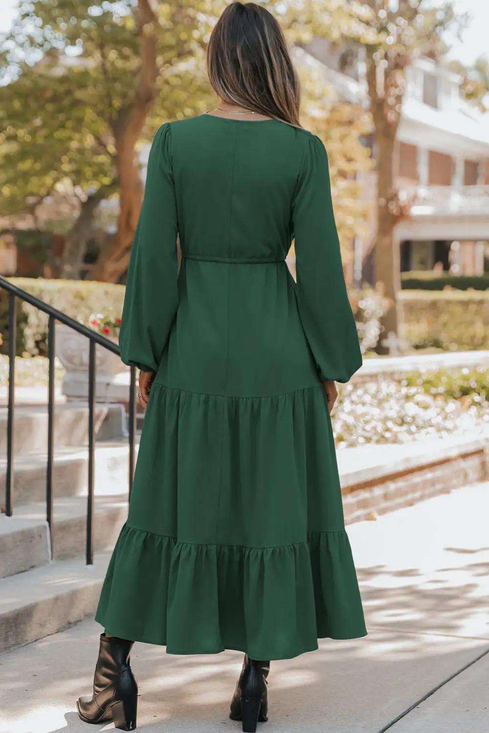 Blackish Solid Long Sleeve Button V Neck Tiered Maxi
