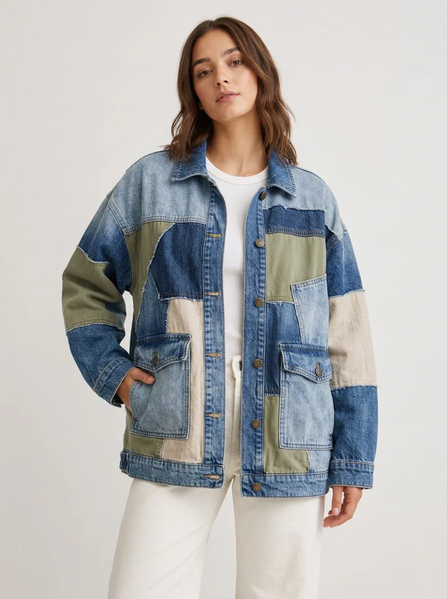 Women's Vintage Patchwork Boxy-Fit Denim Jacket