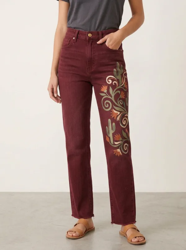 Women's Boho Cactus Floral Printed Straight Leg Jeans