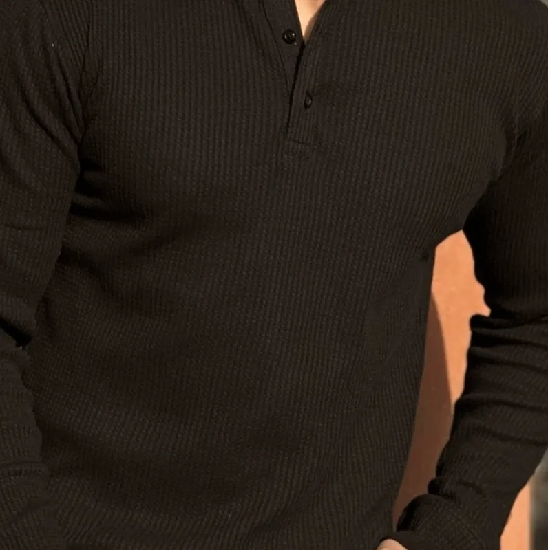 Black Slim-Fit Quarter-Zip Casual Henley
