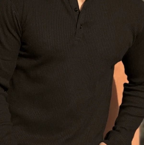 Black Slim-Fit Quarter-Zip Casual Henley