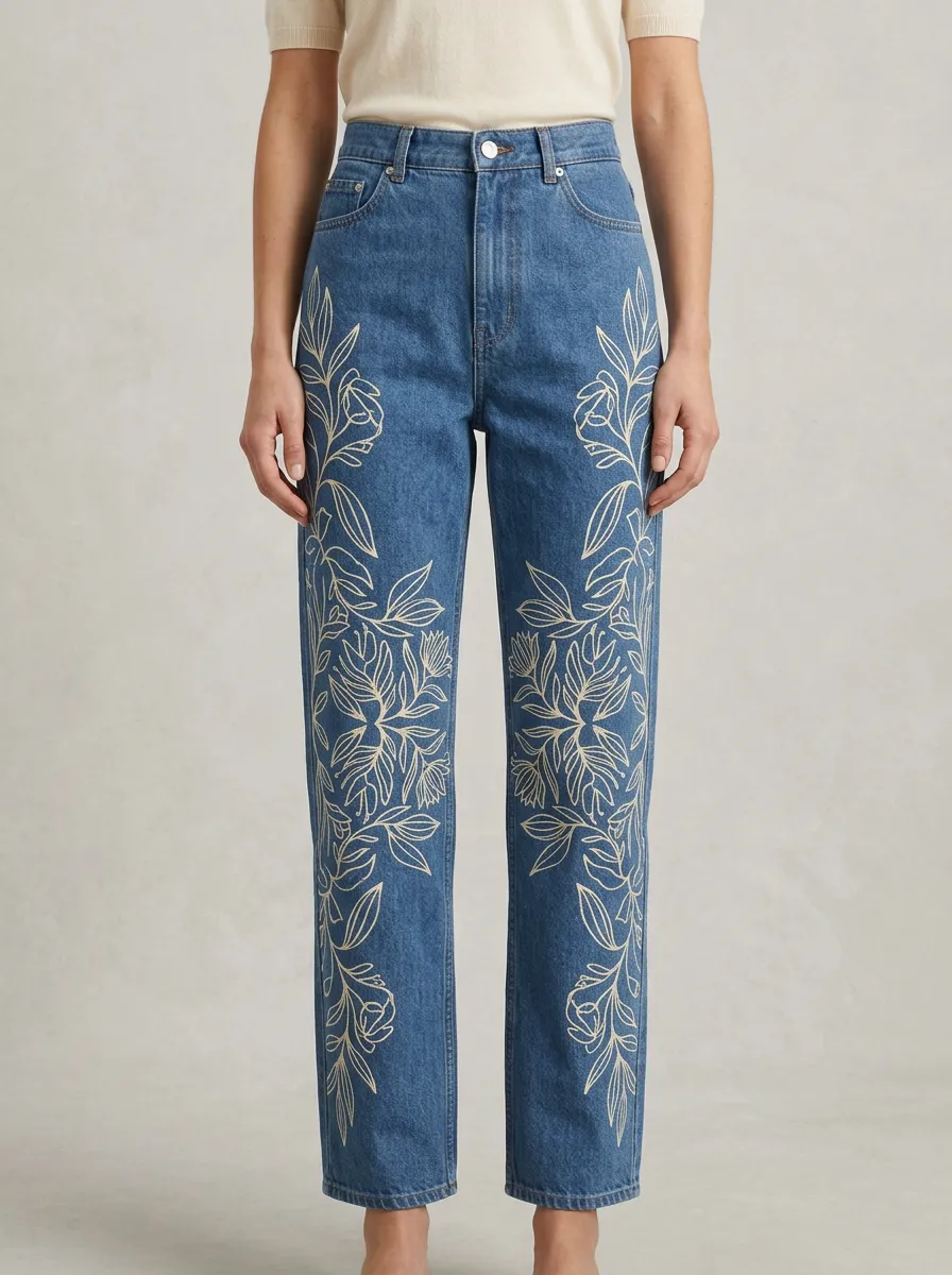Women's Floral Botanical Line Art Printed Mid-Rise Straight Leg Jeans