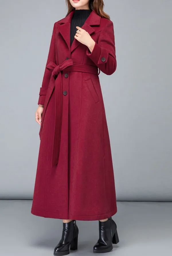 Refined Wool Fit and Flare Single Breasted Belted Pocketed Long Coat
