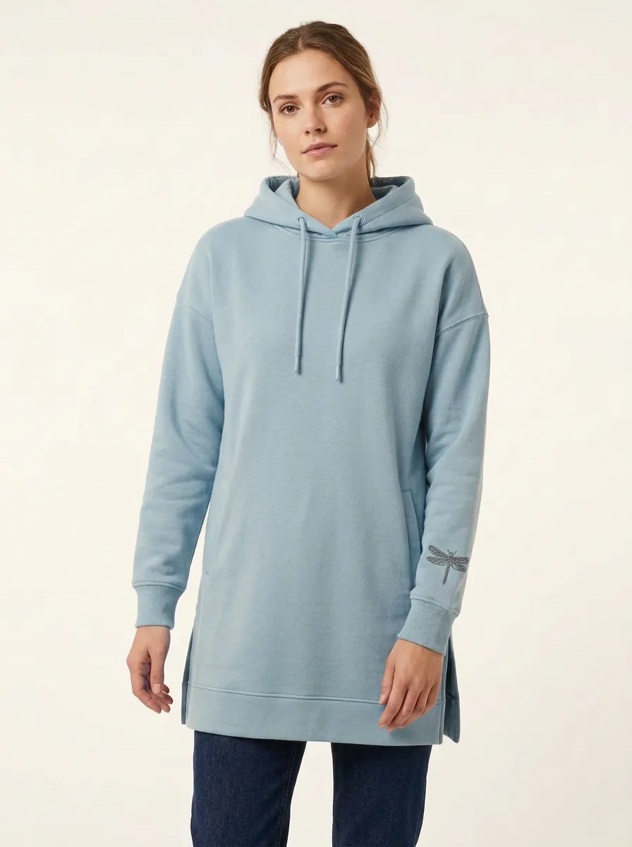Women's Dragonfly-Sleeve Embroidered Longline Side-Slit Hoodie