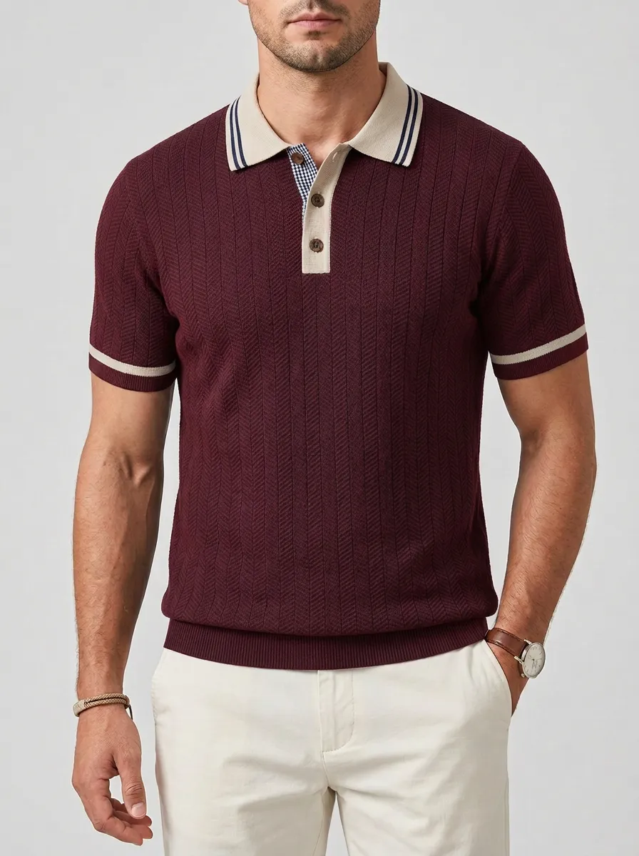Men's Casual Vintage Herringbone Knit Contrast Trim Polo Shirt