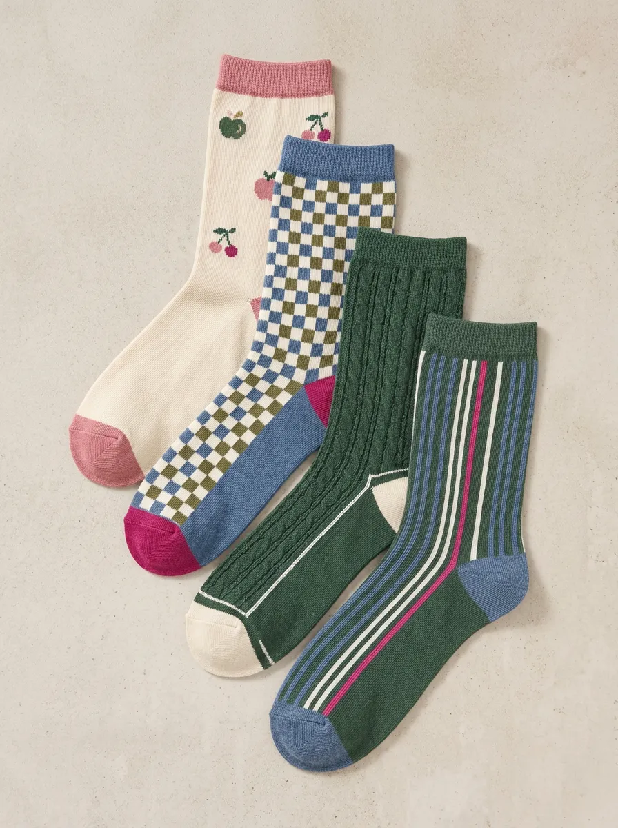 Checkerboard Fruit Striped Four-Pair Casual Socks