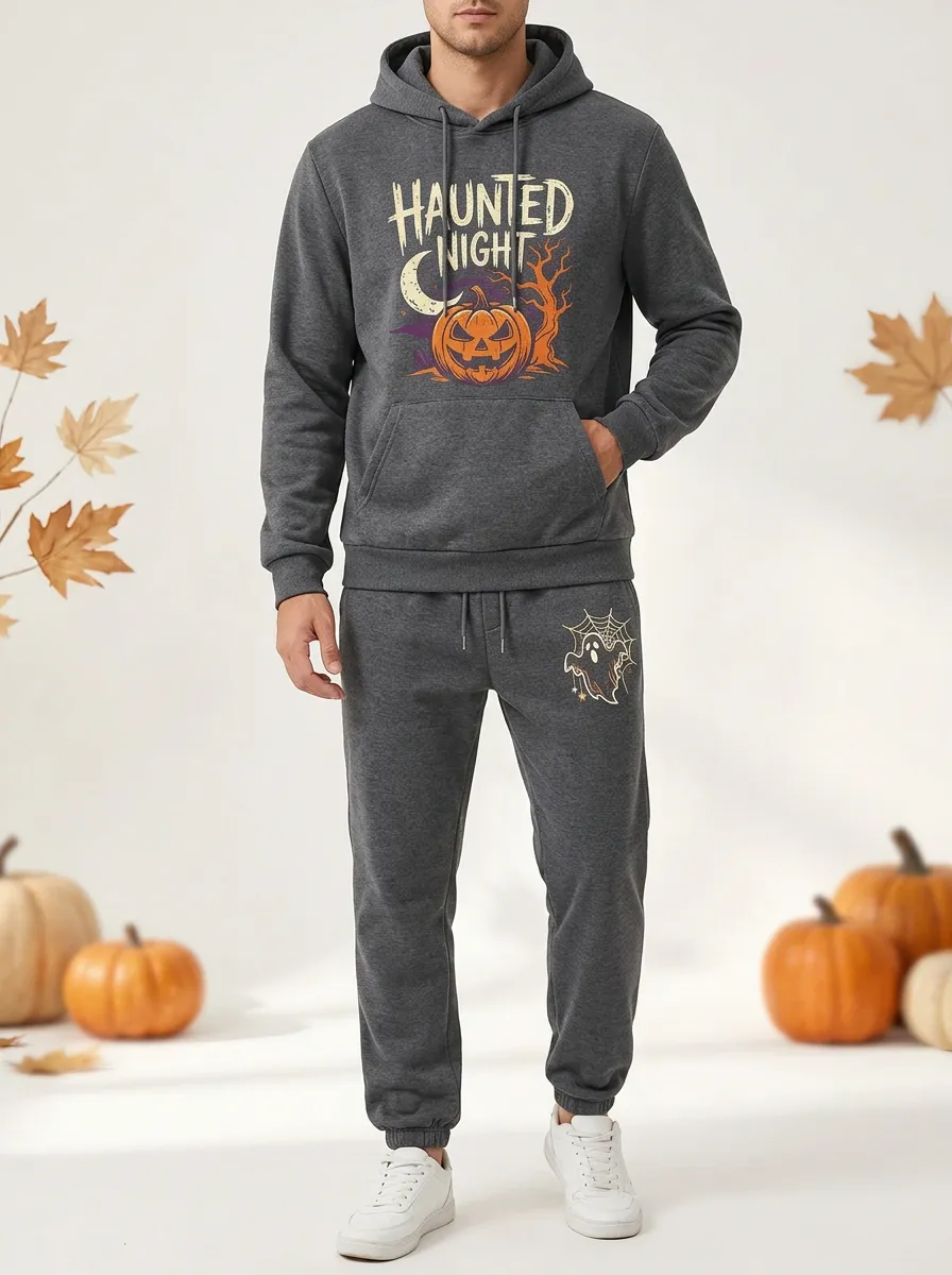 Men's Halloween Charcoal Haunted Night Pumpkin Ghost Spiderweb-Sleeve Hoodie Jogger Set