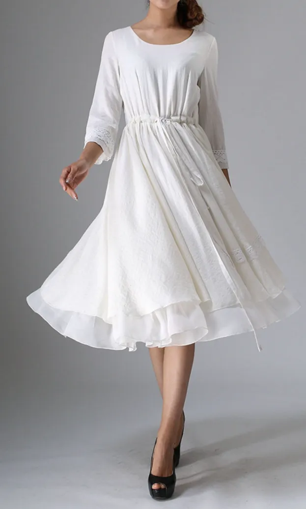 Linen Cotton Three Quarter Sleeve Midi Dress