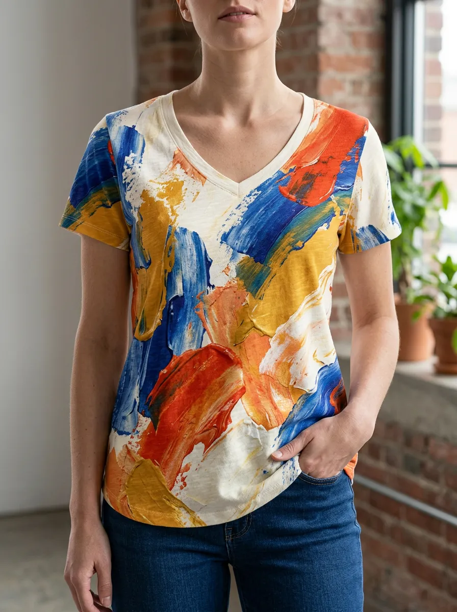 Women's Dynamic Abstract Art Colorful Brushstroke V-Neck T-Shirt