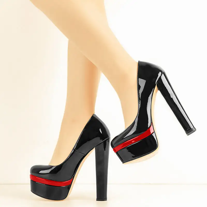 Modern Patent Finish Pointed Toe Platform Chunky Heel Pumps