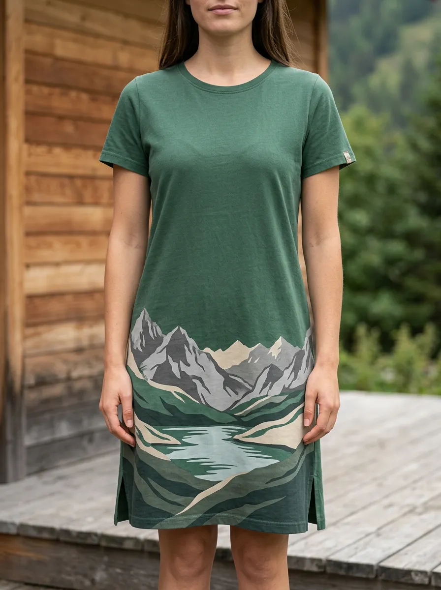 Women's Crew Neck Mountain Graphic T-Shirt Dress