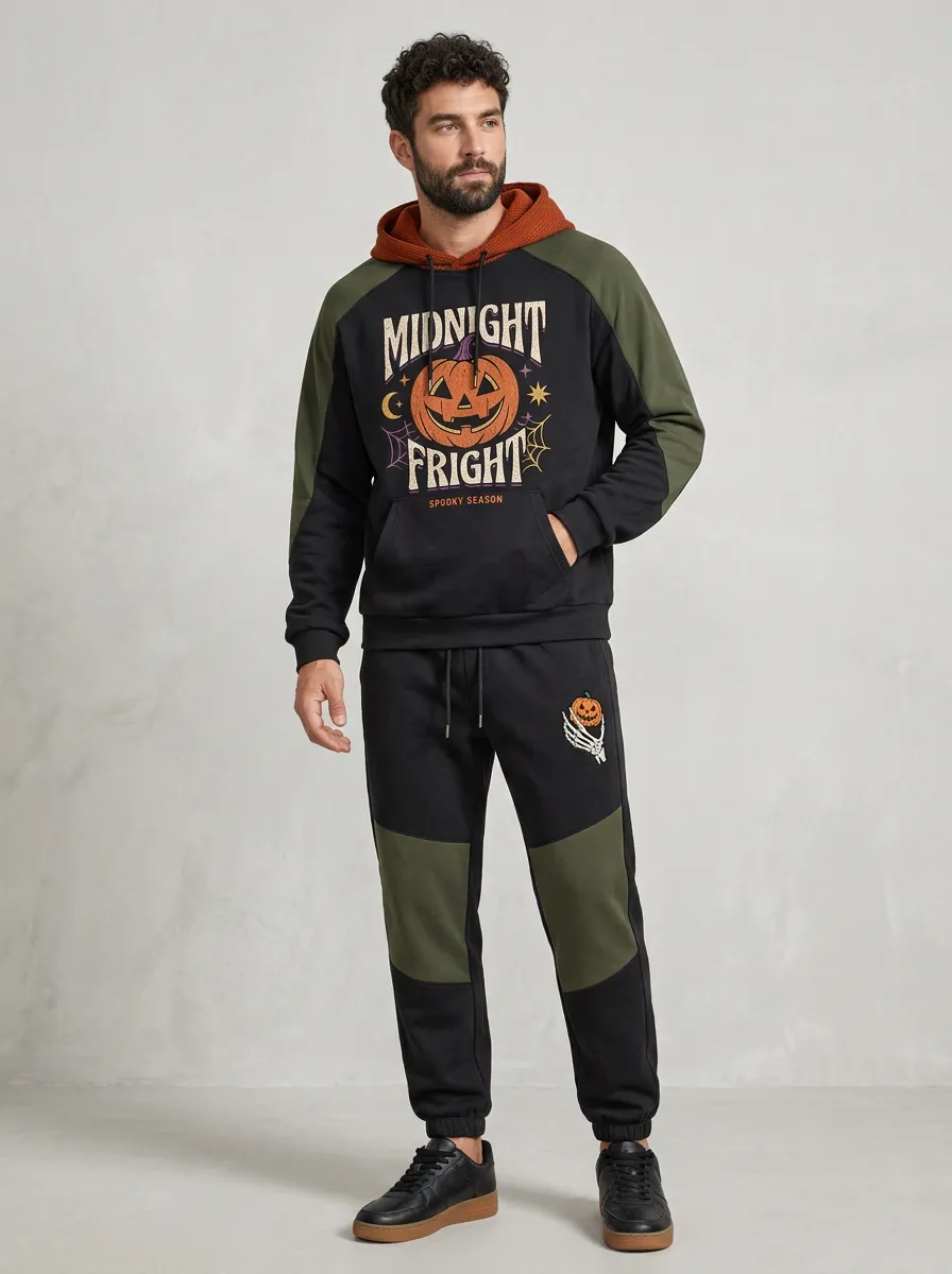 Men's Halloween Midnight Fright Pumpkin Skeleton Printed Tracksuit