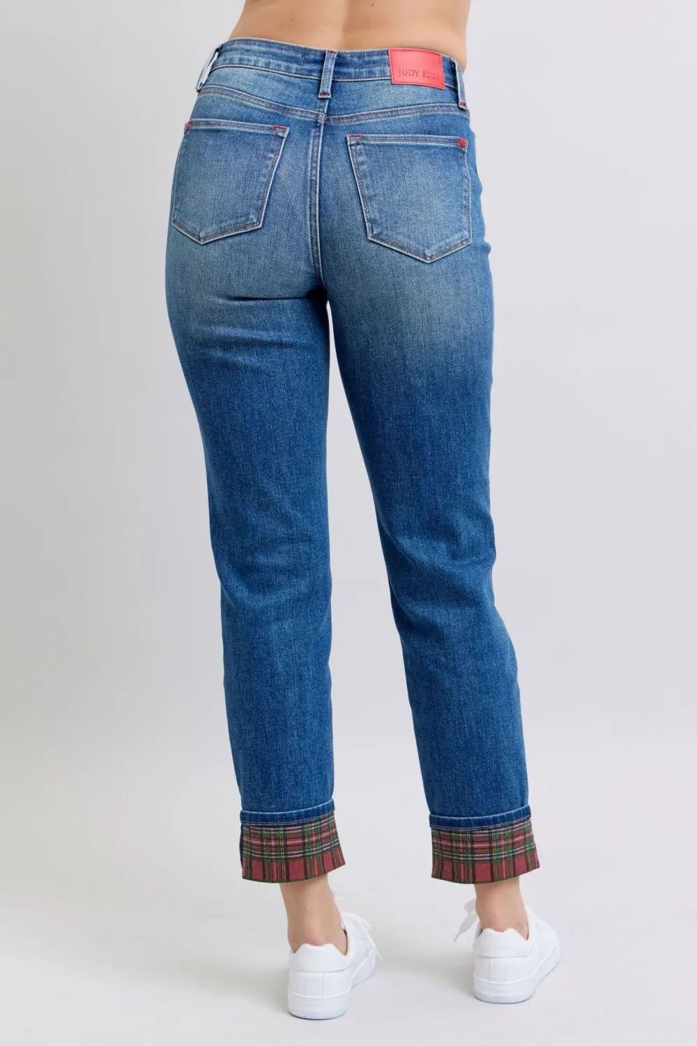 Plaid Print Cuff Straight Leg Pocket Denim Jeans