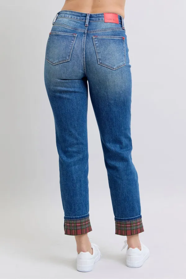 Plaid Print Cuff Straight Leg Pocket Denim Jeans