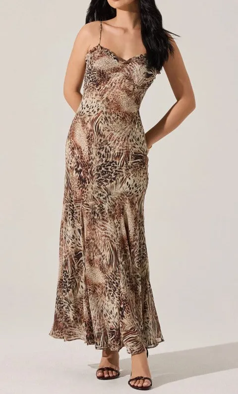 Brown Animal Print Ruffle Maxi Dress