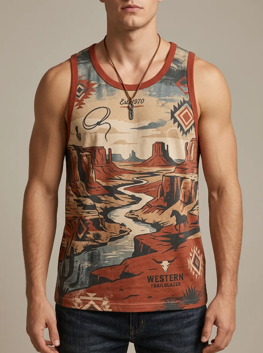 Men's Western Trailblazer Canyon Landscape Printed Tank Top