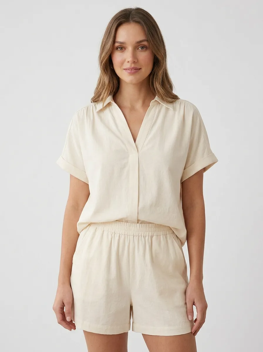 Refined Short-Sleeve Relaxed Women's V-Neck Casual Lounge Set