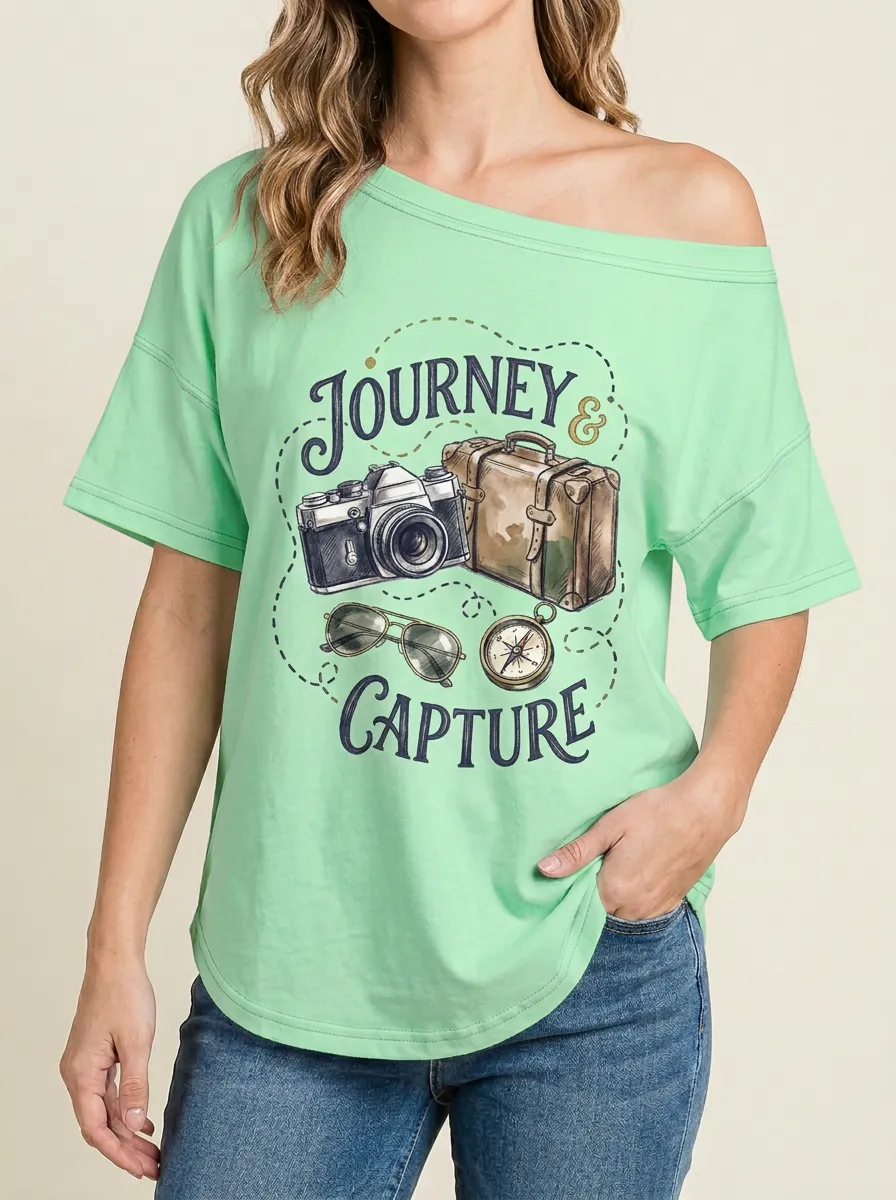 Women's Travel Photography-Inspired Camera Suitcase Printed T-Shirt