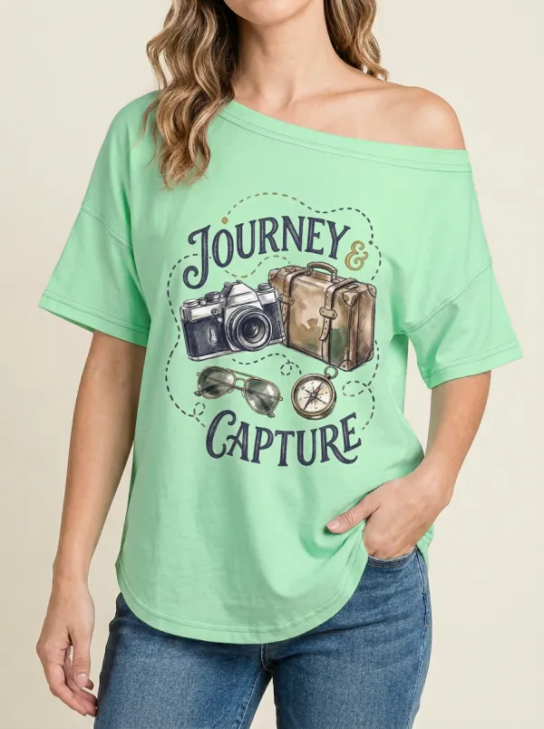 Women's Travel Photography-Inspired Camera Suitcase Printed T-Shirt