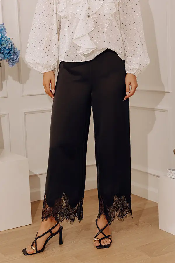 Mid Rise Relaxed Wide Leg Satin Lace Trim Pants