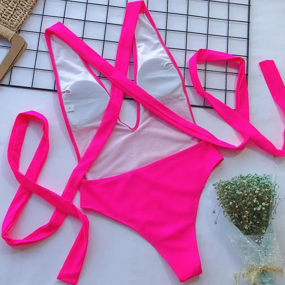 Halter Neck Deep V Tied One Swimsuit