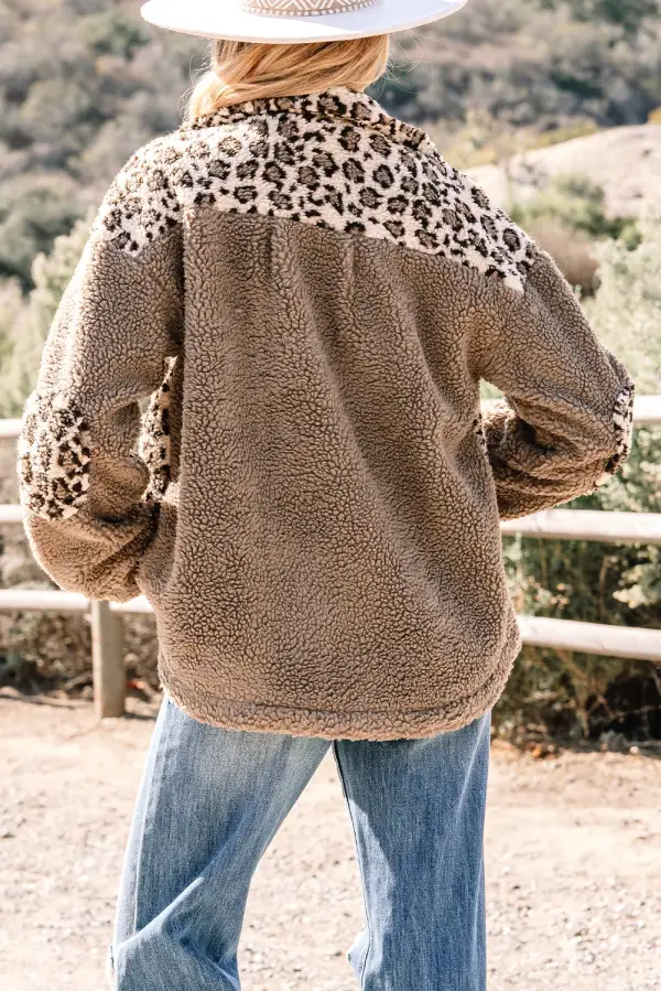 Women's Sherpa Leopard Print Flap Pocket Collared Button Up Jacket