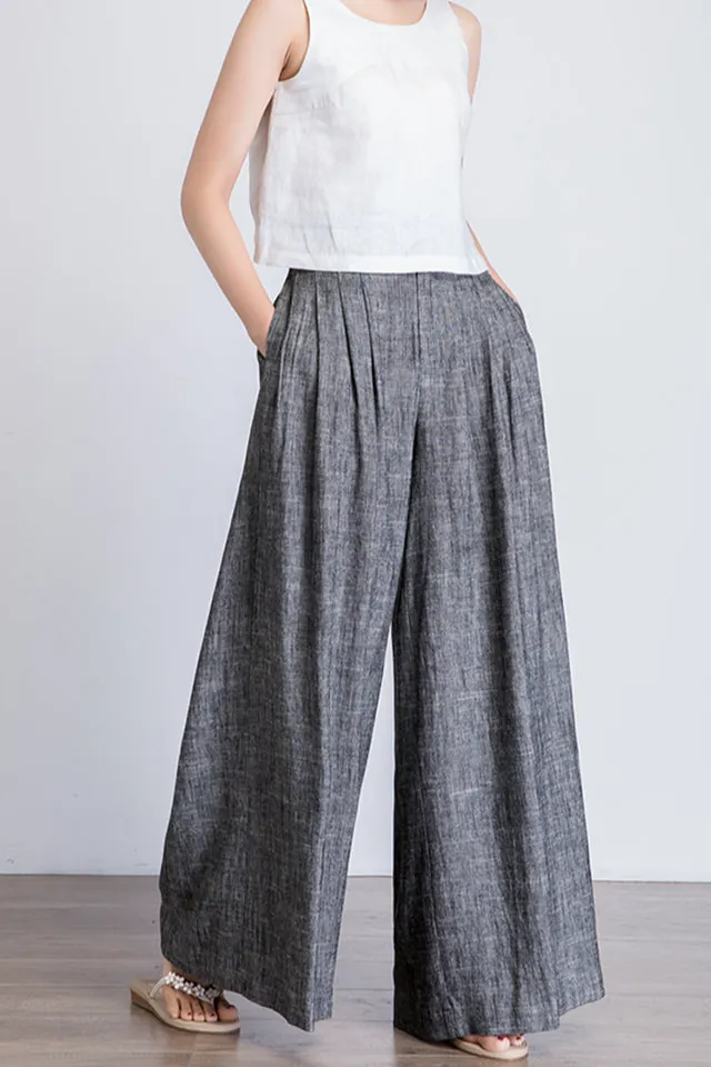 Refined Linen Palazzo Wide Leg Pleated Trousers