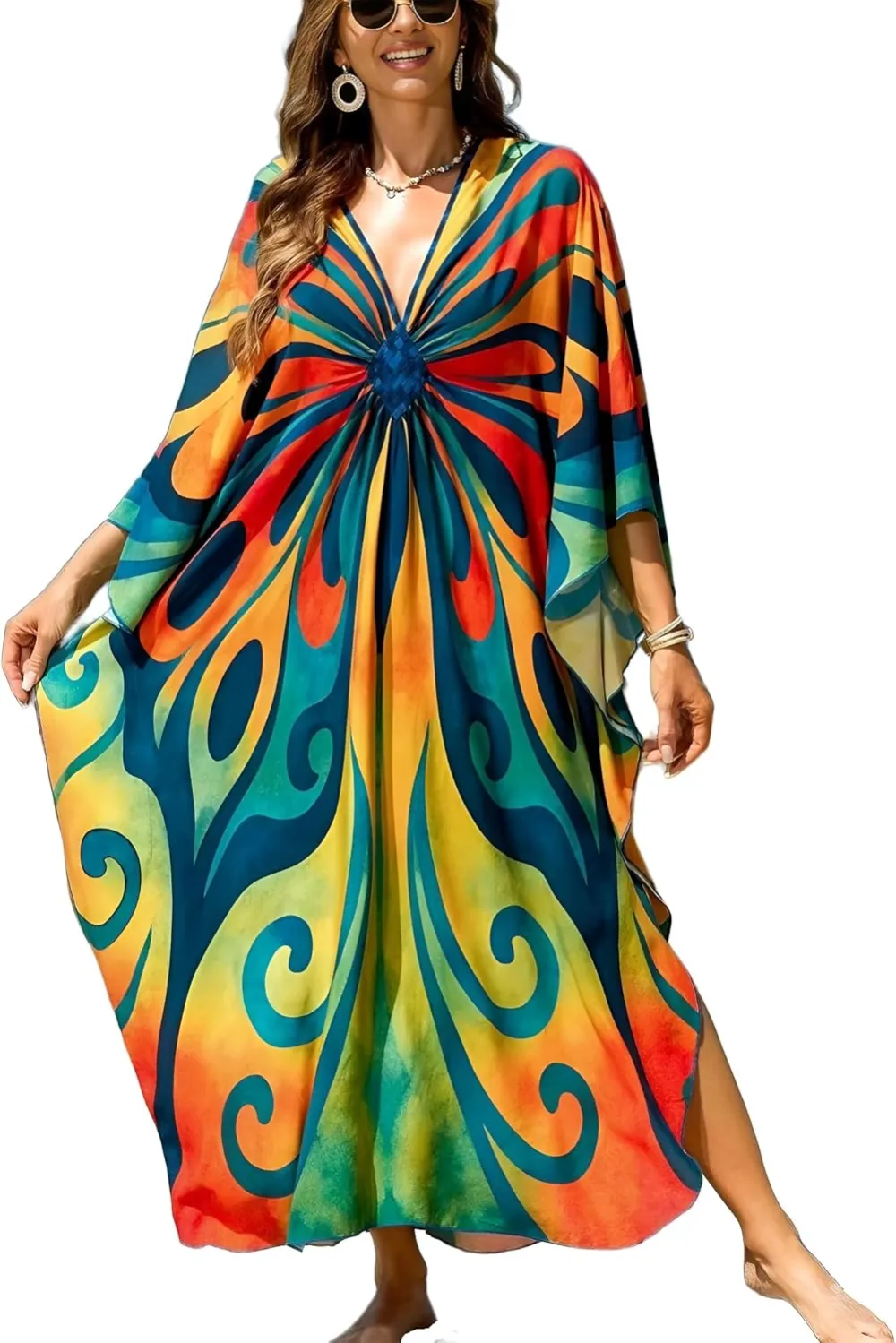 IMAGEKOPE Kaftan Dresses for Women Plus Size V-Neck Moo Moos Batwing Kaftan Beach Dress Bathing Suit Cover-Up Loungewear