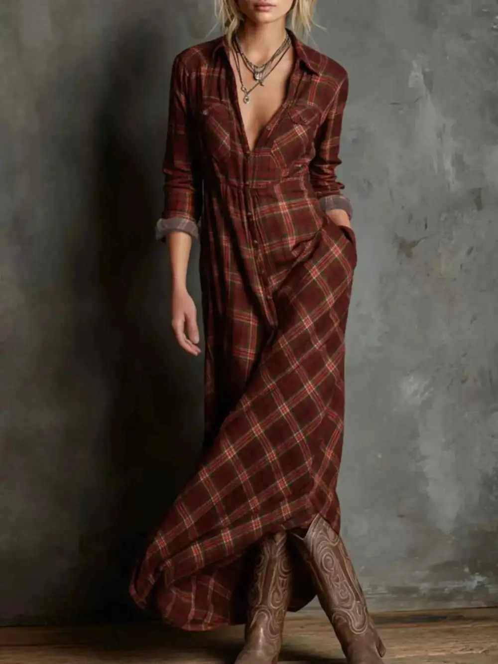 Plus Size Plaid Button Down Maxi Dress
