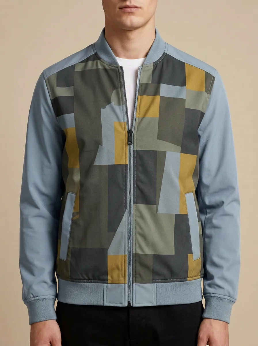 Geometric Print Ribbed Trim Panel Detail Bomber Jacket