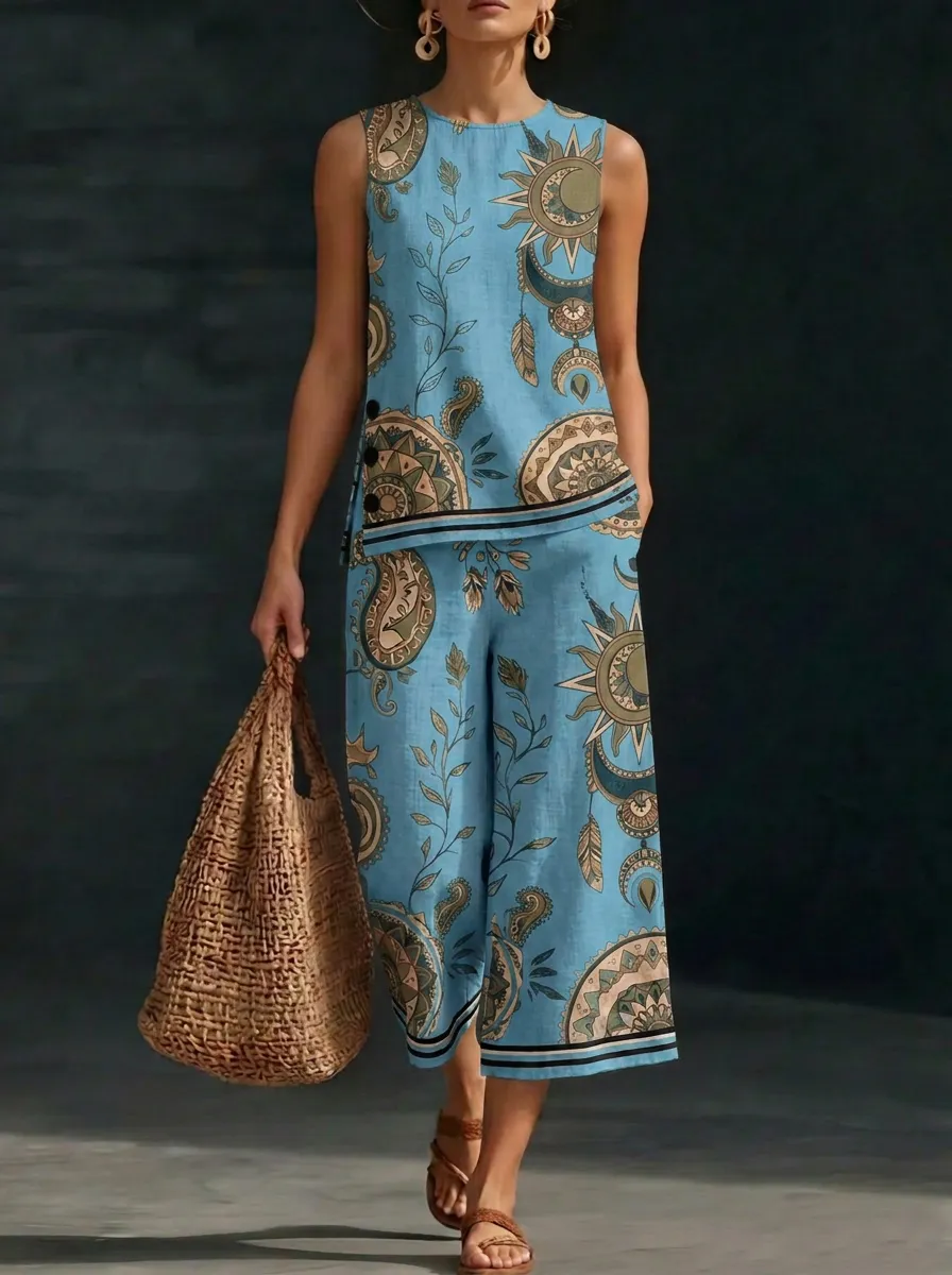 Women's Boho Sun Moon Floral Printed Sleeveless Set