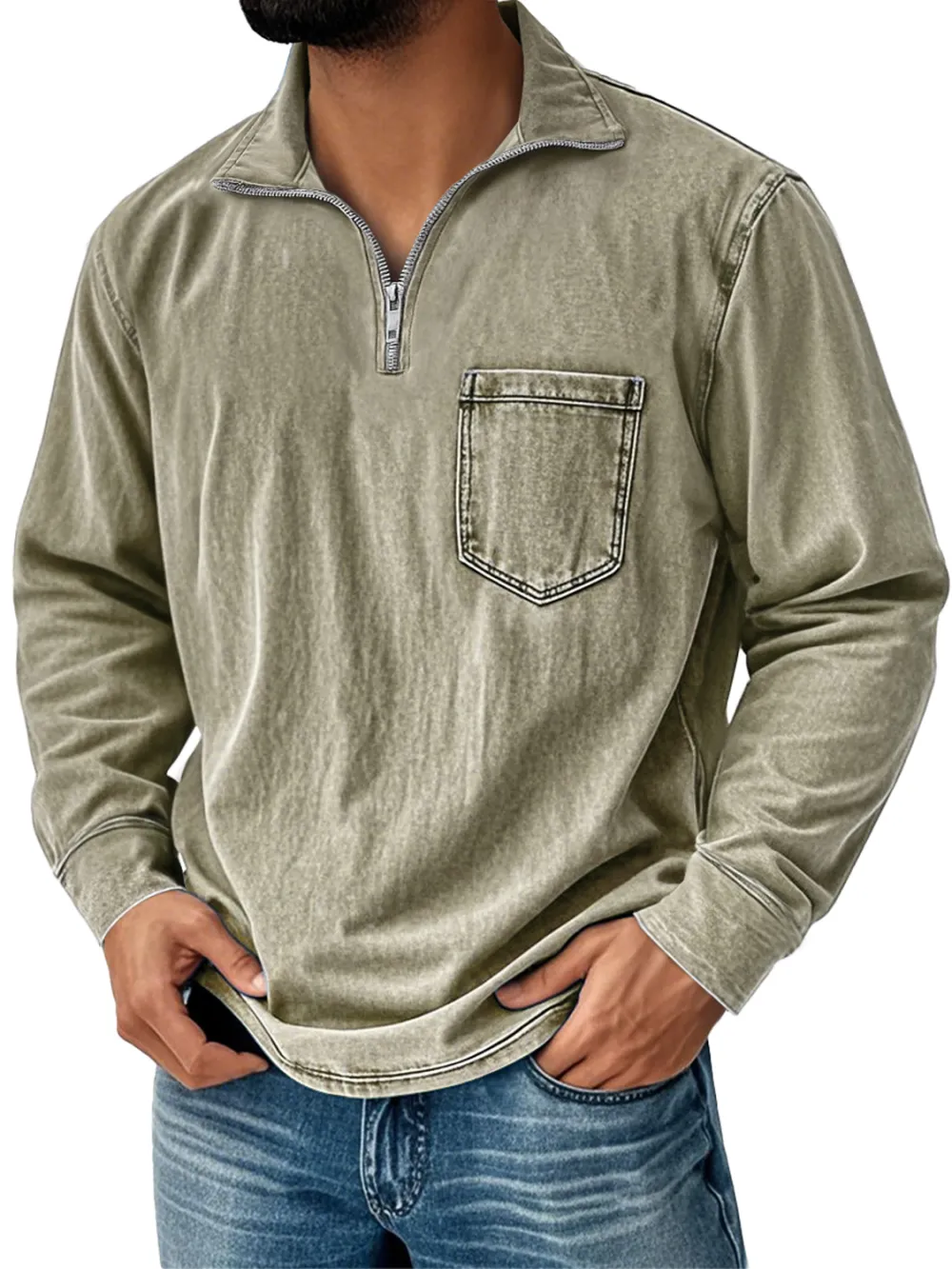 Garment Washed Zip Front Shirt