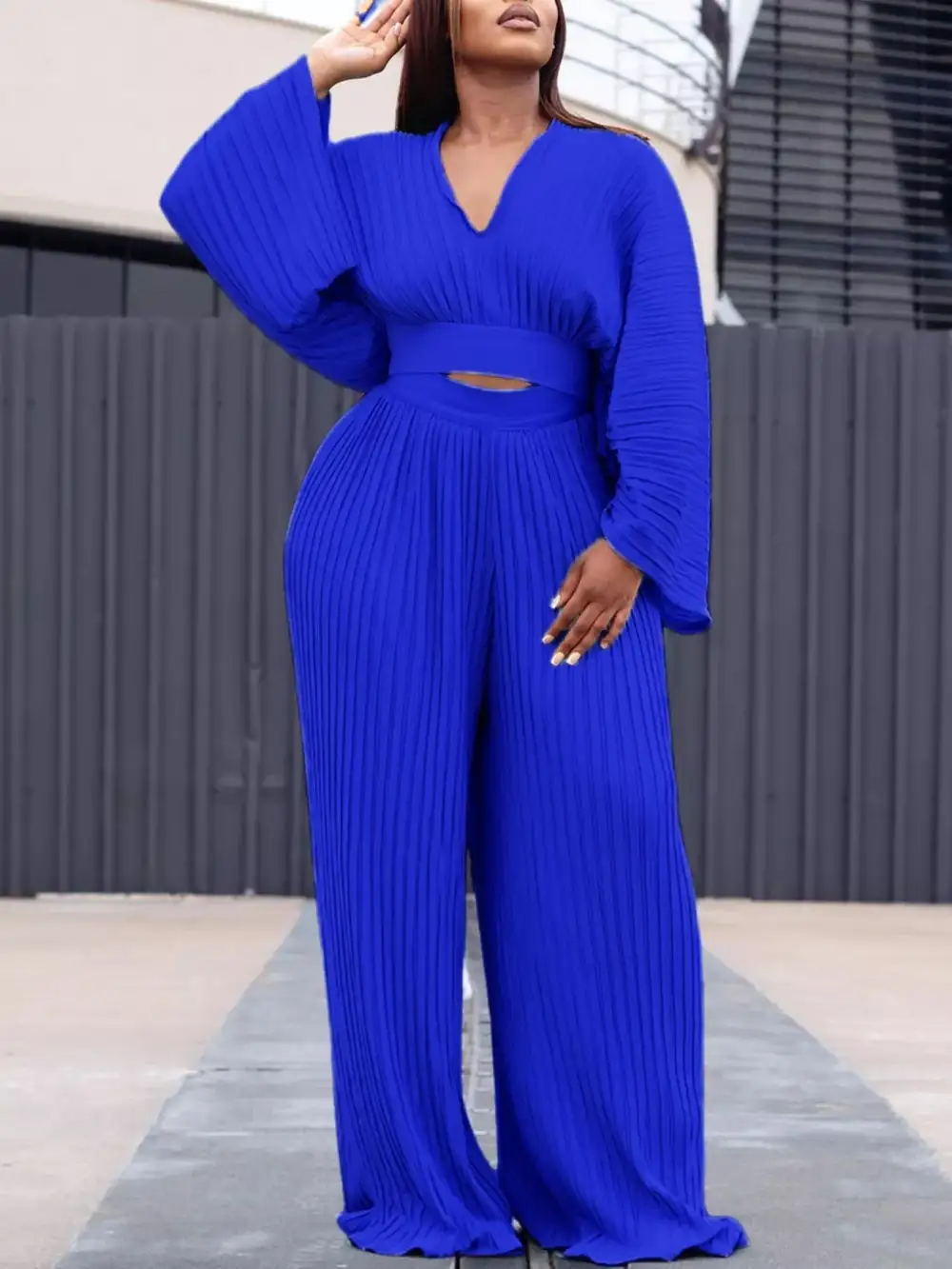 Full Size Pleated Crop Top and Wide Leg Pants