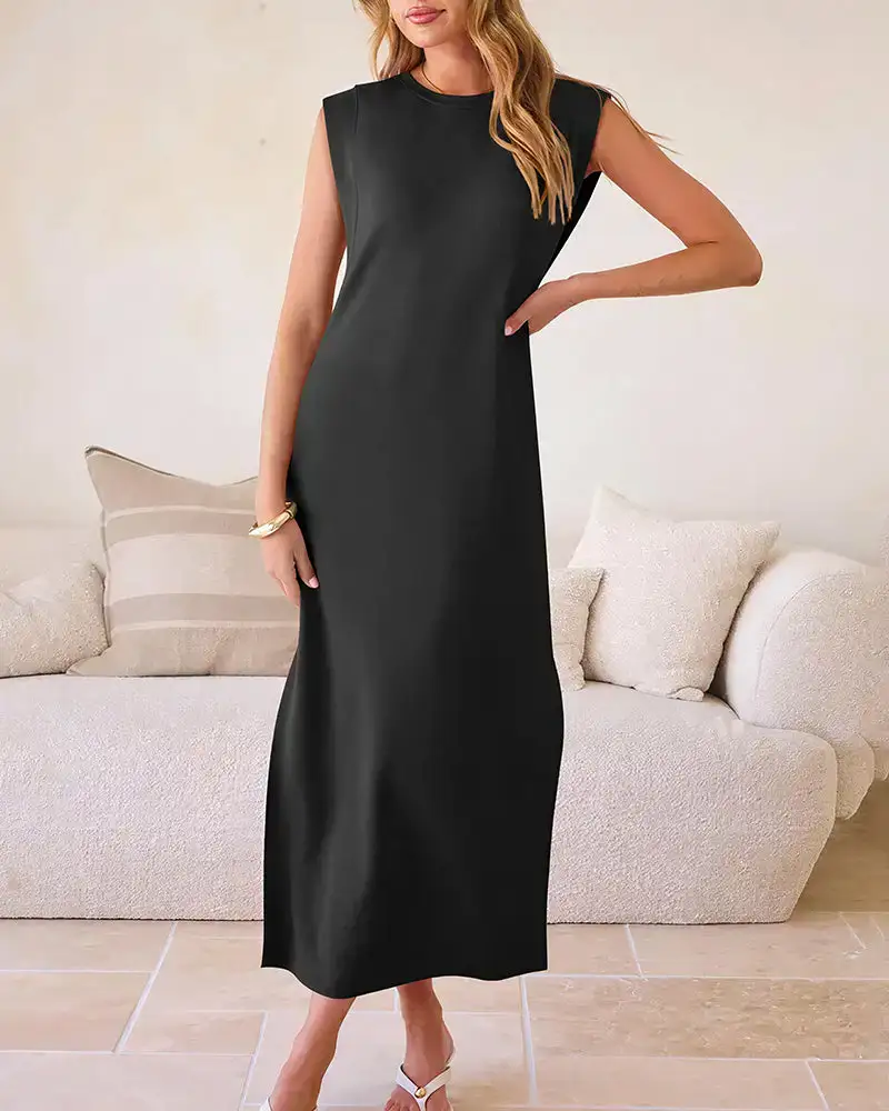 Casual Sleeveless Split Maxi Dress With Pockets