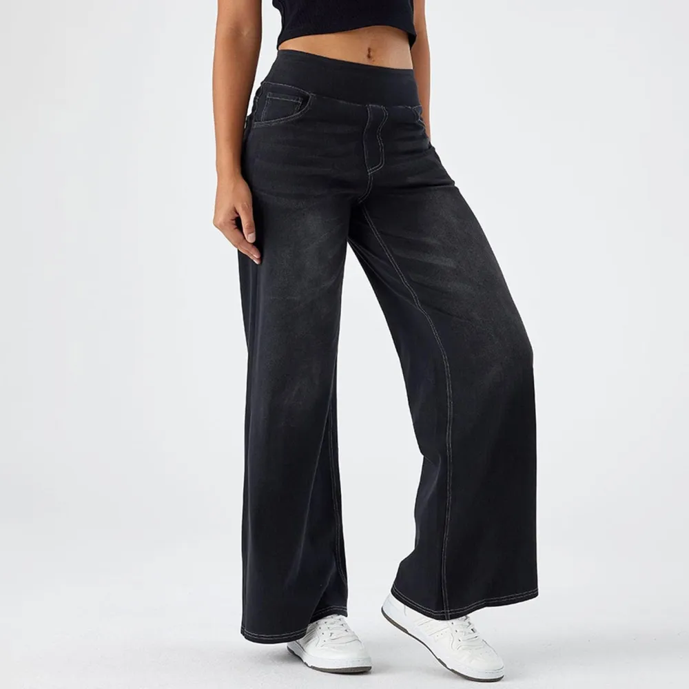 2026🔥  High Waisted Multiple Pockets Baggy Wide Leg Washed Stretchy Knit Casual Jeans