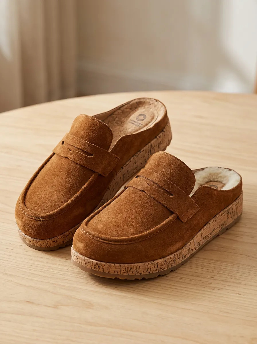 Women's Rugged Clog Style Casual Suede Wood Sole Loafers