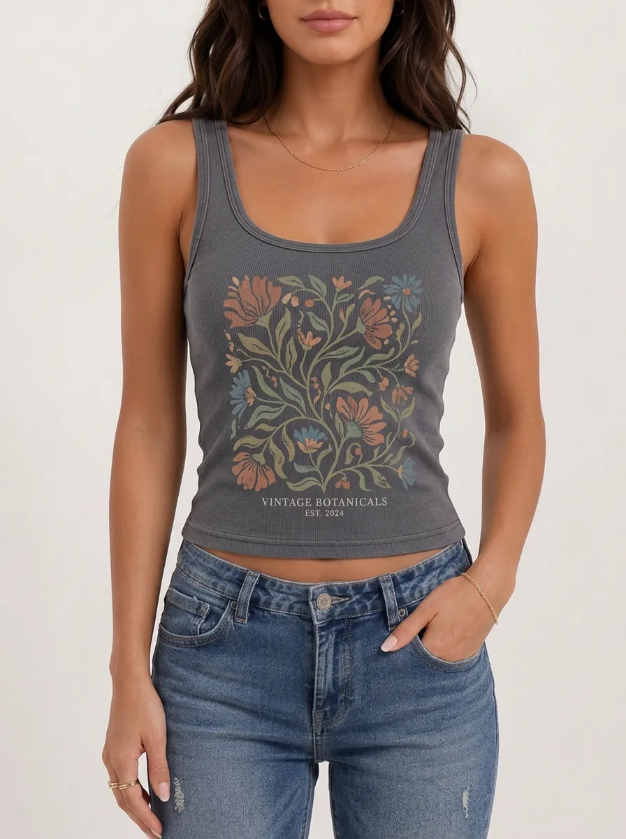 Women's Vintage Botanical Floral Art Printed Ribbed Tank Top