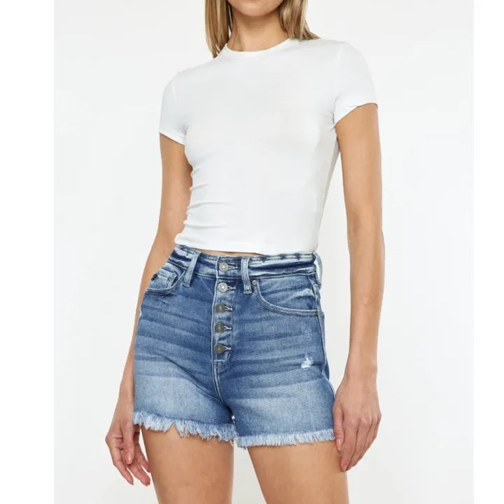 Button Fly High Rise Raw Hem Denim Shorts