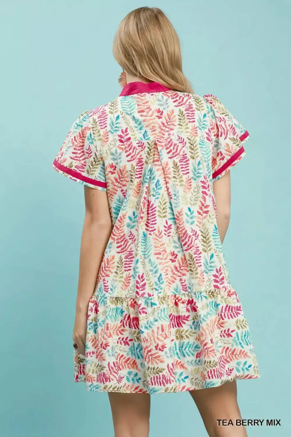 Everyday Leaf Print Flutter Sleeve Tiered Mini Dress