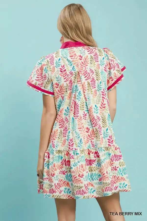 Everyday Leaf Print Flutter Sleeve Tiered Mini Dress