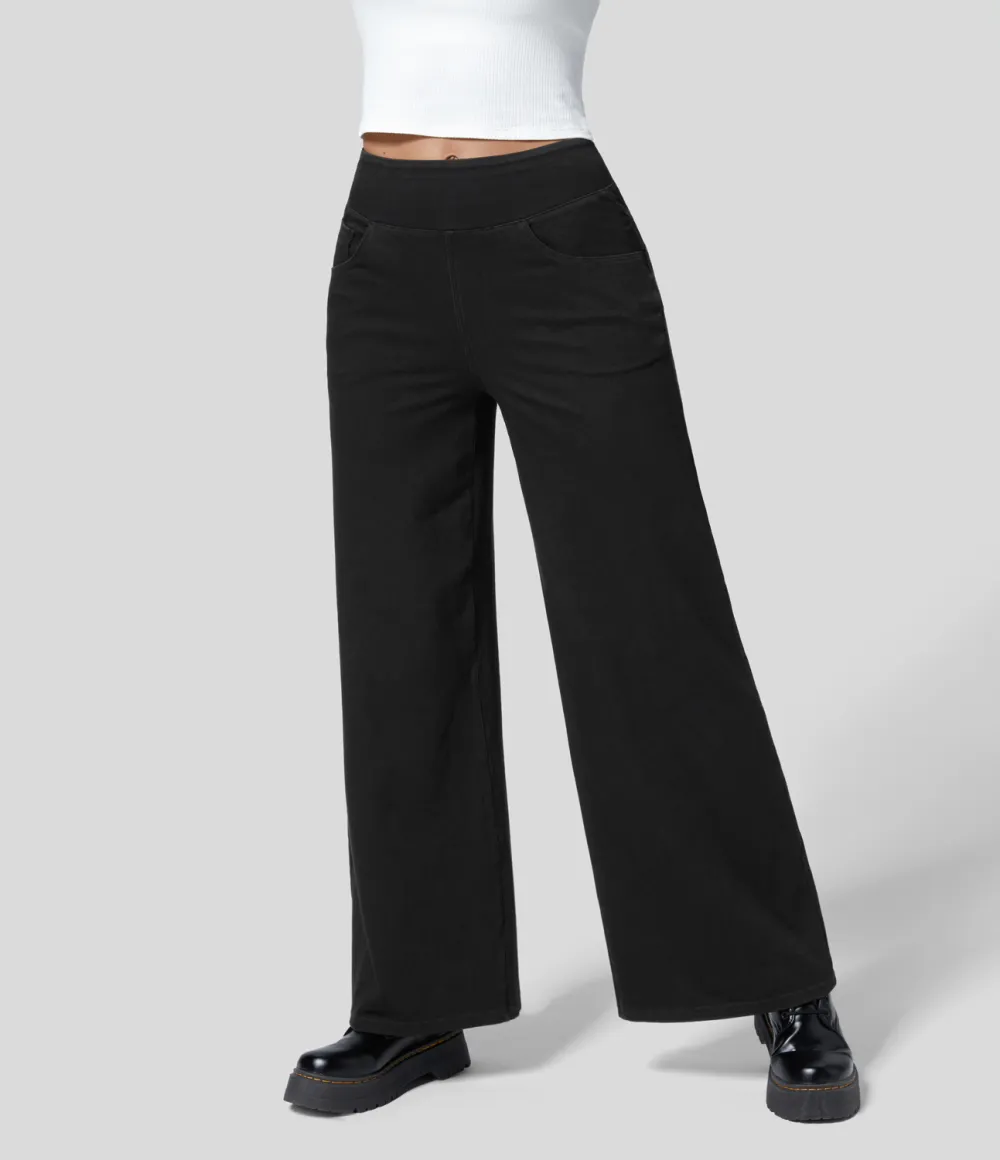 Magic High Waisted Multiple Pockets Wide Leg Loose Stretchy Knit Work Jeans