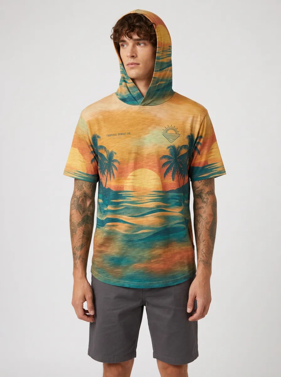 Men's Tropical Beach Sunset Palm Tree Printed Hooded T-shirt