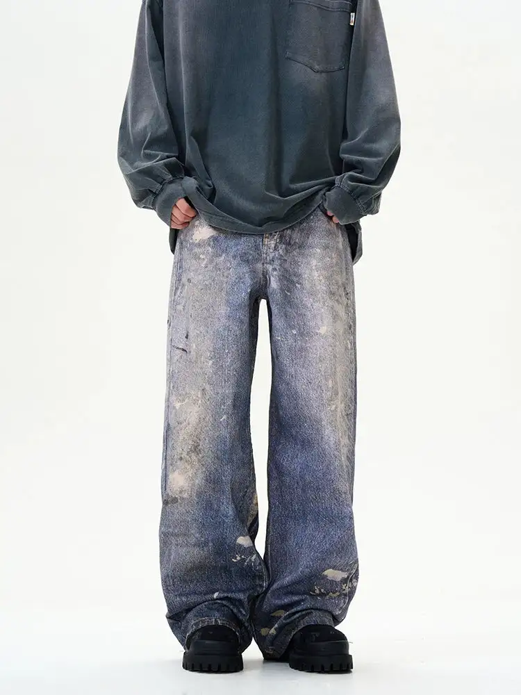 Splash-Print Wide-Leg Acid-Wash Jeans